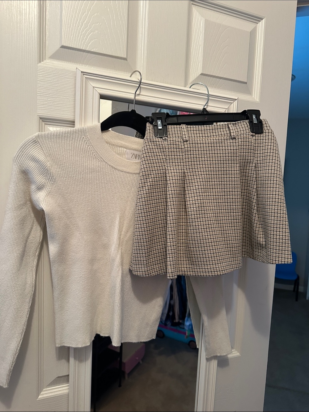 Zara Cream Knit Sweater with Beige Checked Mini Skirt